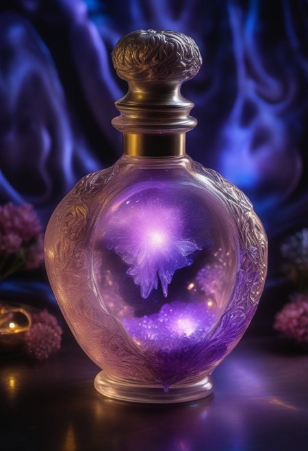 Score_9, Score_8, Photorealistic magic potion, intricate glass bottle, vibrant neon lavender, with hints of warm peach, and subtle silver undertones, ethereal light, wax seal, flashy lights, magic lights, luminous, dynamic reflections, magical aura, highly detailed, fantasy essence, glowing particles, radiant aura