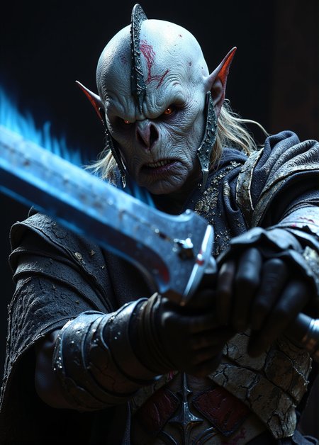 <lora:ck-Orcs-000016:1>, ck-0rcs, this is an image of an elderly white orc, lifeless cold red eyes,  he is aiming a giant blue glowing medieval sword at the viewer, the orc is wearing intricate black battle scarred armor, blood on his armor, his mouth is covered by a face mask,
 <lora:flux.1_lora_flyway_Epic-detail_v2:0.6>