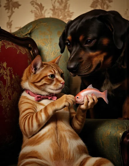 <lora:funnys:1>, This image is a hyper-realistic photograph capturing an enchanting and whimsical scene. It features two anthropomorphic animals seated on a vintage-style green armchair, rendered with meticulous attention to detail and lifelike textures. On the left sits a striped ginger cat with soft, velvety fur, its sleek coat showcasing intricate tabby patterns that ripple subtly under the light. Its large, round eyes reflect delicate highlights, making them appear almost alive, imbuing the cat with a sense of quiet intelligence. The cat wears a perfectly knotted pink bow tie, contrasting elegantly against its warm, earthy tones. Its expression is calm yet slightly aloof, as if lost in thought, while its lithe yet slightly chubby bodyâwith fine folds of skin visible around its neckârests comfortably with paws crossed in its lap., 
To the right, a black and brown dog with glossy, intricately detailed fur gazes intently at a small, shimmering pink fish held delicately in its paws. The dog's expressive eyes are filled with concern and curiosity, each strand of fur meticulously defined, creating a sense of tactile realism. The fish gleams under soft lighting, its scales catching the light with a pearlescent sheen, adding a touch of magic to the composition., 
The background showcases an old floral-patterned wallpaper, its intricate design rendered with stunning clarity. Subtle shades of beige and light brown blend seamlessly, while the delicate floral motifs feature muted colors that evoke nostalgia. The dark green armchair, upholstered in a fabric with a slightly worn texture, anchors the scene with its rich, tactile surface. A red and gold patterned cushion on the left side adds a pop of color and depth, its embroidered details crisp and vivid., 
The interplay of light and shadow enhances the three-dimensional quality of the photograph, lending it an immersive atmosphere. Every elementâfrom the lifelike textures of the animals' fur to the aged patina of the armchairâcreates a seamless blend of classic charm and modern precision. The result is a humorous yet heartwarming moment frozen in time, inviting viewers into a world where reality meets imagination. The ginger cat's striking striped pattern adds a playful and dynamic contrast to the serene setting, further enhancing the visual narrative.