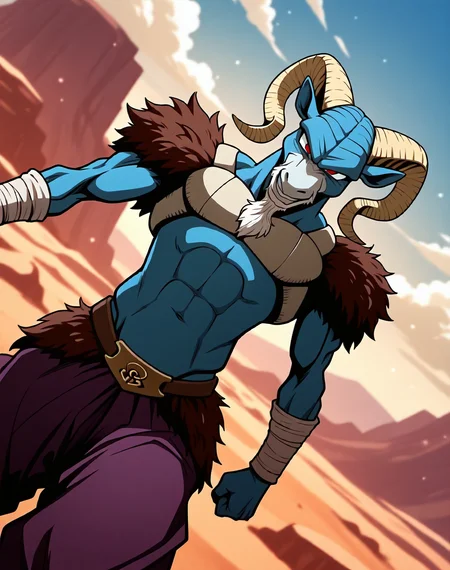 <lora:Moro_2nd_Form_(Dragonball_Z)_(Illustrious)_(AD):1.5> Moro, muscular, goat,
dutch angle, exterior, desert, sky with detailed clouds,
male focus, gradient coloring, solo, cowboy shot, bent leg, perfect proportions, goat head, blue body, soft shading, evil smirk, old, wrinkles, white beard, brown fur shoulders, brown fur waist, , 
BREAK very awe, aesthetically pleasing, masterpiece, best quality, amazing quality, very aesthetic, perfect depth of field shot, in'ei, furry_art, source_furry, source_anime,
EZRealPONYXL, zPDXL, Smooth Quality, lazympos, IllustQualXL_Pos,