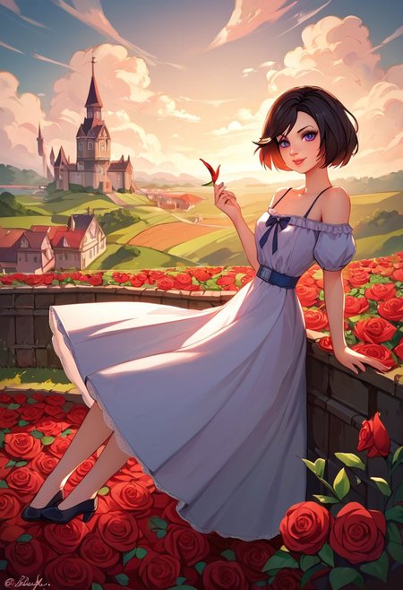 score_9, score_8_up, score_7_up, score_6_up, score_5_up, girl, Elizabeth (Bioshock), black hair, short hair, purple eyes, blue sundress, off shoulder, skinny, look at viewer, pale skin, tiny waist,  petite, innocent, small body, coy smile, medieval dress, rose, rose garden with cloudy sky, flying city, Sharp details Insane quality, Insane resolution, Insane details, Masterpiece, 32k resolution, epic Photo