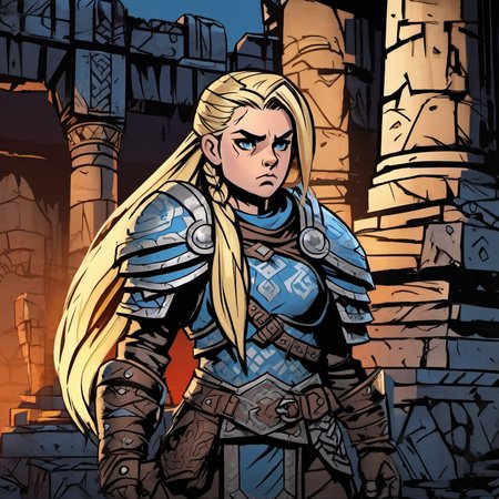 1girl, warrior, dwarf, masterpiece, beautifull, ruin temple background, serious focus face, armored, viking style blond hair, blue eyes, high-definition 8k, comicish artwork in dgst artstyle