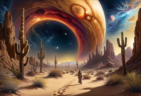 masterpiece, top quality, best quality, highly detailed, realistic photo,
A painting exploring the aridness of the desert and the mystery of cosmic wonders. 
Using airbrushing for art, often for smooth gradients, 
<lora:RMSDXL_Enhance:0.8>
<lora:Surreal Harmony:1>
<lora:Unsettling_2.0-000002:1>