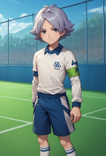 score_9, score_8_up, score_7_up, source_anime, highly detailed, 

fubuki, 1boy, male focus, solo, grey hair, grey eyes, sportwear, soccer uniform, alpine soccer uniform, white shirt, long sleeves, shorts, blue shorts, socks, white socks, armband,

outdoor,