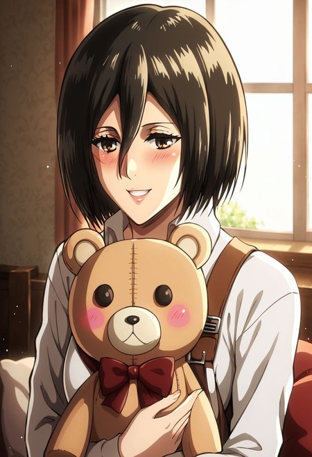 1girl, beautiful face, detailed eyes, detailed face, mikasa ackermann, medium chest, smiling showing teeth, eyes half closed, blushing, hugging stuffed toy,