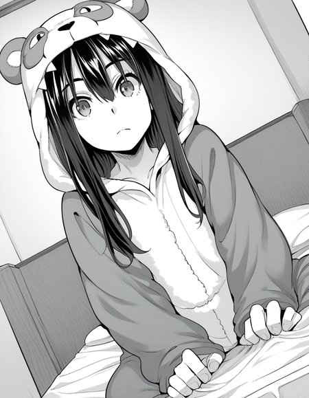 score_9, score_8_up, score_7_up, source_anime, sakiyoshida, <lora:saki-yoshida-manga-ponyxl-lora-nochekaiser:1>, saki yoshida, long hair, hair between eyes, monochrome, greyscale, black hair,, <lora:kigurumi-ponyxl-lora-nochekaiser:1>, kigurumi, animal hood, animal costume, cosplay, rabbit costume, dragon costume, bear costume, dinosaur costume, sheep costume, cat costume, dog costume, panda costume, tiger costume,, indoors, bed, bed room, sitting, , looking at viewer, solo, cowboy shot, dutch angle