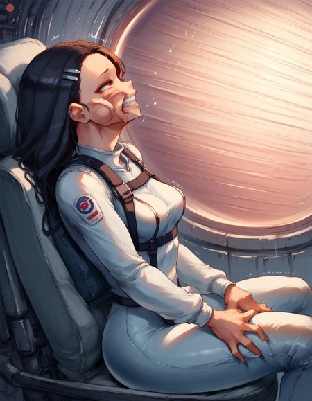 score_9,score_7_up,score_4_up,source_anime,rating_safe, by cutesexyrobutts, BREAK
1girl,Nagatoro Hayase,(leaning back:1.4),leaning on object,from side,facing viewer,small breasts,arms to sides,looking ahead,solo,sitting in cockpit,(face wrinkles),hands on own thighs,(wrinkled skin:1.3),(seat),(seatbelt:1.2),harness,(speed lines:1.4),clenched teeth,(gaping mouth:0.9),(spacesuit:1.3),(bodysuit:1.2),spacecraft,(head back:0.9),(wrinkled fabric:1.6),round window,holding,hair swept back,hair spread out,(sheet grab:0.7),launching,space,skindentatition,flattened,crushed,shaking,trembling,(pillow:0.3),<lora:gforcev4_7:1.1>