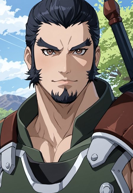 safe_pos, score_9, score_8_up, score_7_up, source_anime, rating_nsfw, ultra hd, absurdres, solo, masterpiece, best quality, best aesthetic, Expressiveh, wolfconf, burankoprn!, 1boy

IxiomSainglain, black hair, sideburns, beard, thick eyebrows, brown eyes, armor, portrait, headshot, looking at viewer, outdoors 