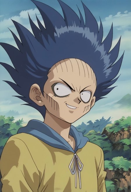 score_9, score_7_up, source_anime, retro artsyle, 1990s (style),
YGOBonz, 1boy, spiked hair, blue hair,, male focus, solo, black eyes, , yellow hoodie, smile, face foucs, upper body
outdoor, sky,