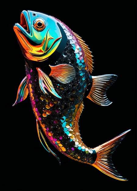 abstract fish, shiny, colorful, black background, reflective surface,  <lora:GlitterStyle_sdxl:0.8> GlitterStyle