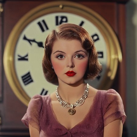 <lora:30s_Technicolor_MovieSDXL:1> ArsMovieStill, movie still from a 1930s technicolor movie, The image shows a woman in a dress standing in front of a clock with a blurred background., 1girl, solo, clock, necklace, dress, jewelry, brown hair, lipstick, makeup, looking at viewer