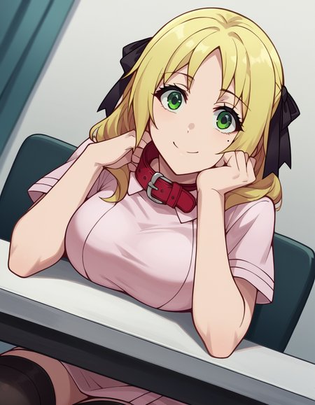 score_9, score_8_up, score_7_up, source_anime, <lora:esther-rosenthal-acc1-ponyxl-lora-nochekaiser:1>, esther rosenthal, long hair, blonde hair, green eyes, mole, mole under eye, black ribbon, black bow, hair ribbon, large breasts,, thighhighs, belt, nurse, dress, pink dress, short sleeves, collar,, indoors, smile, looking at viewer, solo, sitting, head rest, table,, cowboy shot, dutch angle