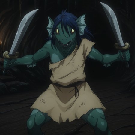 masterpiece, best quality, amazing quality, FishmanslfIL, anthro, green skin, blue hair, head fins, black sclera, yellow eyes, torn clothes,  tan tunic, cave, fighting stance, holding daggers, dual wielding