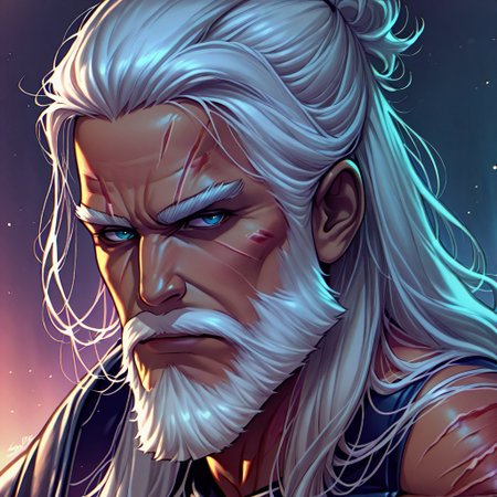 GodslpacomicstyleV1.0IL masterpiece, best quality, 1boy, dark-skinned male, scars, face scars, white hair, long hair, beard, mustache, facial hair,