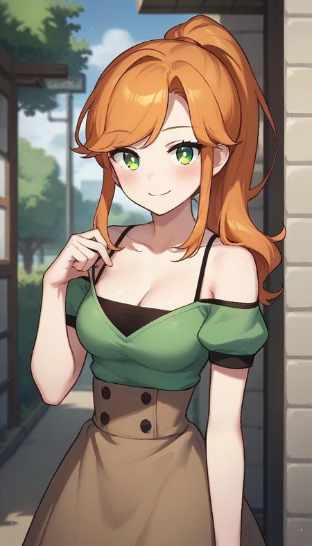 score_9,score_8_up,score_7_up,score_6_up BREAK official art,solo,outdoors,cowboy shot,looking at viewer,facing viewer,smile,blush,Alex,long hair,orange hair,ponytail,sidelocks,swept bangs,green eyes,white pupils,bright pupils,collarbone,cleavage,bare shoulders,green shirt,off-shoulder shirt,spaghetti strap,medium breasts,puffy sleeves,short sleeves,shirt tucked in,high-waist skirt,brown skirt,black socks,brown footwear,<lora:Alex(Bubble Planet)-Pony:1.2>,