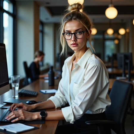 A candid, photorealistic shot of ViennaFoxx, mid-20s, seated at her desk in a sleek tech office. She wears a crisp white shirt, sleeves rolled up, tucked into high-waisted black pants. Her messy blonde bun is loose, with strands falling around her face. She leans forward slightly, Black frame glasses, looking at viewer. The glow from the monitor lights her sharp green eyes. Her expression is calm, intense. Around her, the office fades into soft blur—she is the clear, quiet center of the scene.