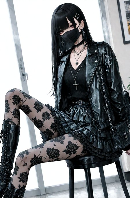 score_9, score_8_up, score_7_up, absurdres, highres, masterpiece, best quality, amazing quality, 1girl, solo, long black hair, black face mask, hairclip, black leather jacket, black sweater, choker, jewelry, necklace, bag on shoulder, black frilled skirt, patterned pantyhose, leather knee boots, thighs, dynamic pose, dynamic angle, volumetric light, depth of field