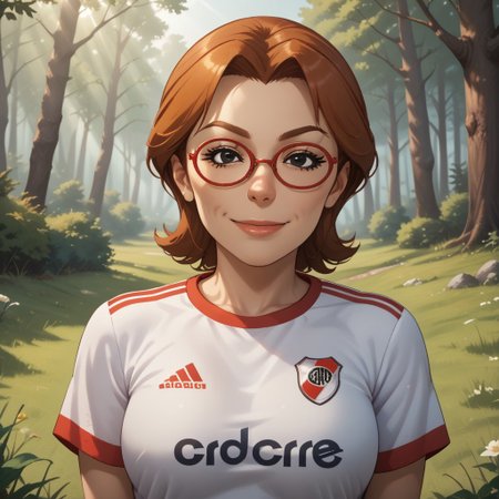 score_9, score_8, BREAK, solo, wii, mii, wii sports, 1girl, female mii, black eyes, auburn hair, brown eyebrows,  red glasses, lips, RiverPlate, striped shirt, striped, shirt, white shirt, short sleeves, clothes writing, sportswear, soccer uniform, nintendo mii, modern_mii, classic_mii, breasts, yoshi_(wii_sports), adult female, mature female, sexy pose, self portrait, smile, outdoors, sunlight, shadows, evening lighting, natural lighting, forest, trees, grass, orange sky, sunset