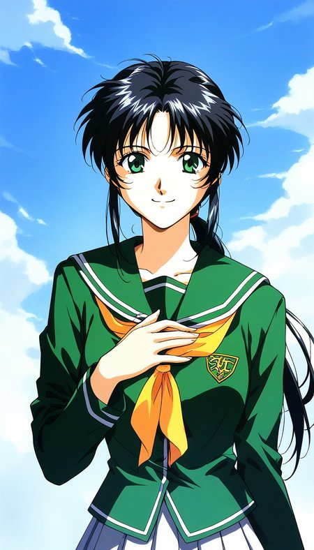 score_9, score_8_up, score_7_up, source_anime, rating_explicit, BREAK <lora:Tachibana_Yumi_XL:1> Tachibana_Yumi, black hair, long hair, green eyes, low ponytail, bangs, sidelocks, 1990s (style), 
 1girl, solo, school uniform, smile, hand on own chest, looking at viewer, long sleeves, upper body, 
green shirt, serafuku, skirt, shirt,
blue sky,