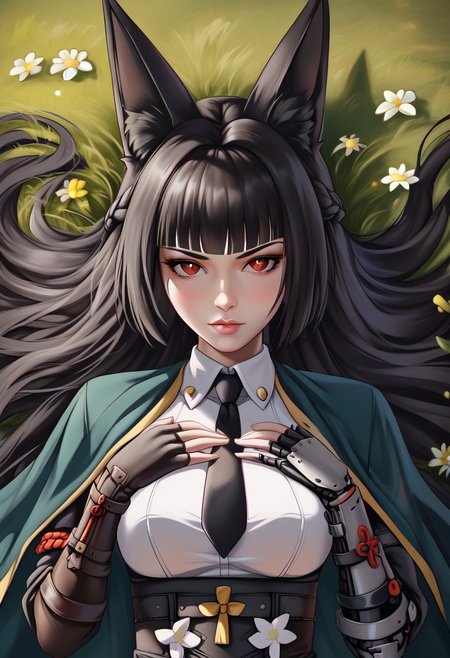 hoshimi, red eyes, black hair, very long hair, blunt bangs, braid, fox ears
green cape, jacket on shoulders, fingerless gloves, left mechanical arm, gauntlets, white shirt, long sleeves, black necktie, black skirt, high-waist skirt, pantyhose, long skirt, pleated skirt, side slit
look up, 
solo, lying, grass and flowers, hair spread out on the ground, hands on chest, hands together
view from above, close view, upper body on image, face on image
Detailed background, detailed, DNDFG, Detailed drawing, Fixhand