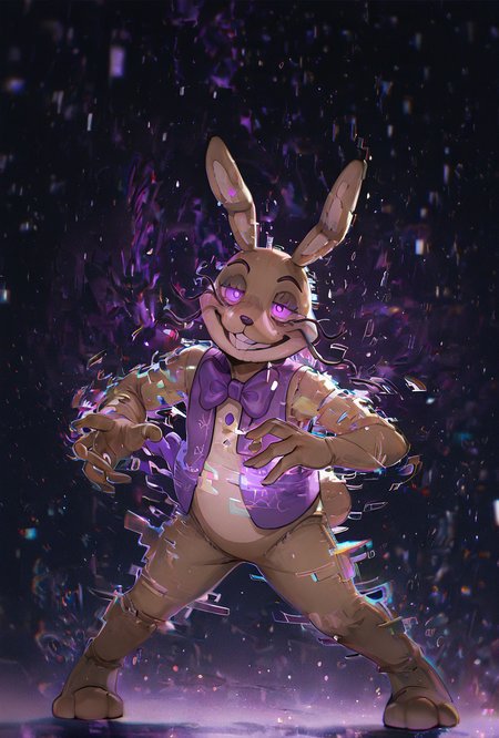 <lora:glitchtrap-04:1> glitchtrap, smile, purple bowtie, purple vest, , furry, 1boy, rabbit ears, dynamic pose, glitch effects, glitch particles  <lora:WSSKX_WAI:1>, masterpiece, best quality, amazing quality, very aesthetic, absurdres, newest,