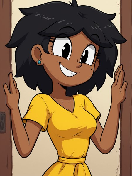 score_9, score_8_up, score_7_up,  score_6_up, BREAK, 0al3r1e, 0al3r1e, 1girl, solo, smile, black hair, black eyes, medium breasts, dark-skinned female, dark skin, earrings, mole under eye, yellow dress,  <lora:Valerie:1>