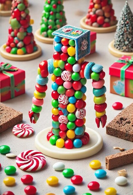 CHRC4ND7,  Candy Christmas cyberpunk city , candy robots, candy cyborgs, <lora:mrpcanrnet2:1> style of paint of mrp, mrph of a carnet mrpcanrnet2 with mrpdamier on (mrpvp), covered of mrpv,
