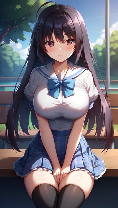 score_9,score_8_up,masterpiece,best quality,correct anatomy,anime_source,1girl,solo,perfect eyes,perfect arms,perfect legs,perfect face,outdoors,upper body,(portrait:1.5),looking at viewer,facing viewer,smile,blush,Toono Ren,ahoge,long hair,black hair,sidelocks,bangs,red eyes,school uniform,white sailor collar,white shirt,center frills,blue bowtie,puffy short sleeves,large breasts,skindentation,miniskirt,blue skirt,plaid skirt,frilled skirt,thighs,zettai ryouiki,black thighhighs,thigh ribbon,loafers,<lora:Toono Ren(np)-Pony:1.4>,