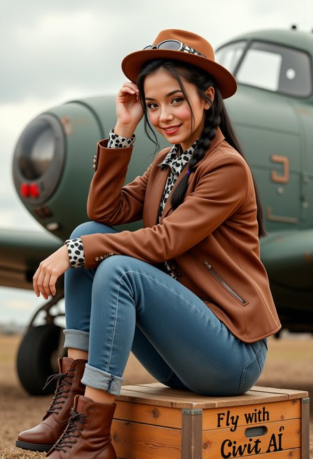 She is approximately 18 years old.she is standing, a vintage aircraft is in the background.  Hyperrealism, she is looking at the camera, (dynamic angles), headshots of a beautiful, stunning unique female character.  she has dark hair. her eyes are filled with joy and excitement, extravagant eyelashes, a photo of AGDV2_nokrea, a woman with brown eyes, wearing a brown leather jacket and a brown hat with goggles and denim blue jeans and brown boots. is posing on a large wooden crate. She is posing for the camera, while sitting on a large crate.  On the crate is written "fly with CivitAI".  She is wearing a scarf and has a braid. The photo is in a sepia tone, giving it a vintage feel. The background is blurry, focusing on AGDV2_nokrea as the main subject. She has a slight smile on her face and is looking directly at the camera. making this image a masterpiece of photography and digital art. realistic. making this image a masterpiece of photography and digital art. Style: realistic hyper-detailed rendering, 32k UHD, expressive eyes, punk, graphic design, girl's face, pretty and cute, gleaming lips, telling a tale of adventure. Exuding confidence and serenity. The overall mood of the image is happy and relaxed,detailed skin texture,(blush:0.2),(goosebumps:0.3),subsurface scattering,whimsical,Detailed hand, Perfect hand. Perfection style. The scene is set outdoors, with a vintage plane visible in the background. The photo is taken in a close-up shot, focusing on  AGDV2_nokrea legs and feet.