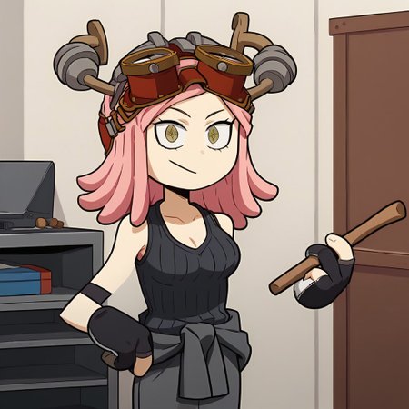 score_9, score_7_up, workshop background, indoors, medium breasts, cleavage, MeiHatsumeSDXL,1girl,solo,shirt,gloves,bare shoulders,collarbone,yellow eyes,pink hair,sleeveless,black gloves,gray pants,fingerless gloves,medium hair,symbol-shaped pupils,black tank top,goggles,goggles on head,partially fingerless gloves,clothes around waist,gray pants, ribbed shirt, solo, looking at viewer, cowboy shot,extracredit, stick legs