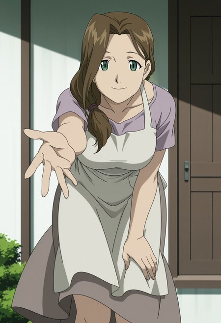 1girl,solo,tr,mature female,brown hair,long hair,green eyes,hair over shoulder,anime coloring,
shirt,apron,skirt,leaning forward, hand on own thigh,outstretched arm, looking at viewer, smile,wind,outdoors,
,masterpiece,best quality,amazing quality,<lora:Trisha_ElricSloth-Fullmetal_Alchemist_2003:0.8>