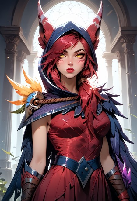 Stable_Yogis_PDXL_Positives, (score_9, score_8_up, score_7_up), ((Greek mythology style)), ((face focus, eye focus, dynamic angle, motion)), 1girl, solo, fantasy, (XayahNormal, 1girl, solo, red animal ears, facial marks, yellow eyes,  red long hair), (vambraces,feather cloak,hood,red leather dress,bandages on legs,bird legs), lace, cape, breathless intimacy, tanned skin, petite model bombshell, heart, young, delicate features, narrow pointy nose, tiny nose, lust, big eyes, seductive eyes, blue eyes, detailed skin, flared lashes, mascara, makeup, perky huge breasts, athletic body, narrow waist, skinny hips, 
warm light, detailed, neon dark party
 BREAK
milky way, runes, arcane, astral, surreal, ethereal glow, masterpiece, best quality, intricate design. colorful, moonlit nightsky, stained glass aesthetic, moody whimsical color palette, murano glass, bold soldering lines, volumetric light shining through, crepuscular rays, intricate craftsmanship, detailed texture, luminous transparency, reflective light play, vivid hues, atmospheric depth, enchanting silhouette, art nouveau,