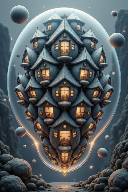 YFG-Ge0m, A village built inside massive, glowing bubbles that drift through the sky. Fractal patterns colorful, Industrial grays: Charcoal, slate, and steel gray for a modern, urban aesthetic, cinematic film still, aesthetic realistic masterpiece.
