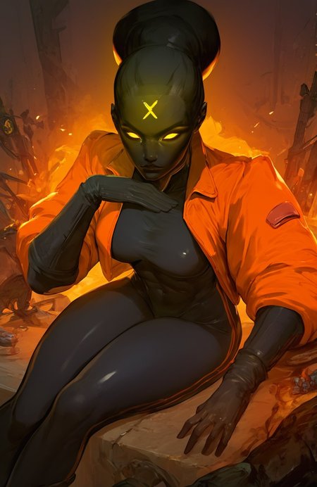 score_9, score_8_up, score_7_up,
beautiful athletic haze_dl, 1girl, sexy, yellow eyes, glowing, dark skin, glowing eyes, bodysuit, hair bun, gloves, black skin, long legs, orange jacket, 
<lora:cutesexyronutts_style_xl:0.8> <lora:Fant5yP0ny:0.5> <lora:Haze:0.9>