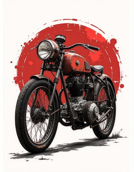 A graphic illustration, black and white, of a vintage cafe racer motorcycle with a vibrant red fuel tank.
 <lora:Dieselcore:0.8> d1eselc0re  <lora:Glitchcore_Flux:0.2> gl1tchc0re