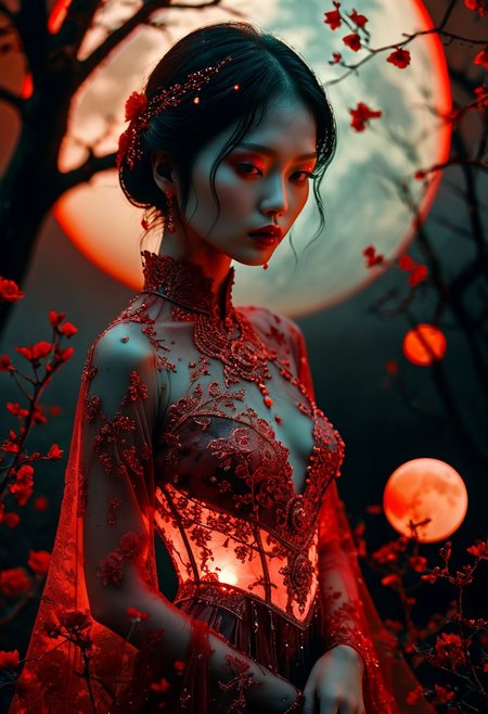 Luxury magazine phtotography, Full_body_Beautiful_seductive_enchantress, highly detailed dress, blood moon, red glow, mist, eerie Gothic aesthetic, double exposure photography, backlit, hyperdetailed double exposure , Junji Ito, victo ngai, M.W. Kaluta, richard anderson, a masterpiece, 8k resolution, highly detailed and intricate, vogue style