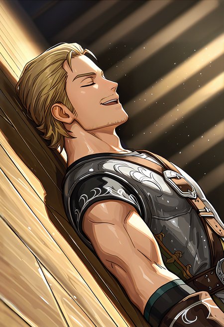 <lora:Corsair_Romancing_Saga_2_Revenge_of_the_Seven:1>,
<lora:noobai_vpred_1_aqm_complete_v3:1>,
<lora:NOOB_vp1_detailer_by_volnovik_v1:1> masterpiece, best quality, newest, absurdres, anime screencap, intricate details, good quality, very awa, highres, perfect proportions, perfect eyes, amazing quality, very aesthetic, crsr_rs2, blue_crsr_eyes, blonde_crsr_hair, muscular male, mature male, male focus, anime coloring, 1boy, solo, on back, on floor, closed eyes, smile, open mouth, from side, crsr_outfit_nocoat, shiny skin, from above, medieval, shadow, dutch angle,  dynamic action, intricate lighting, intricately detailed illustration, depth of field,