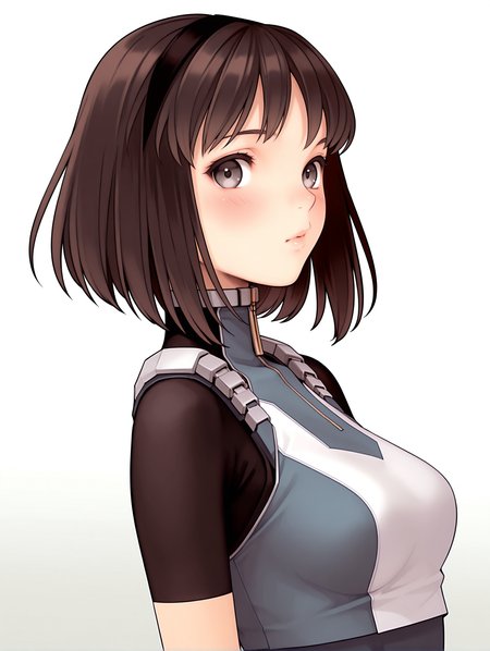 masterpiece,best quality,newest,
1girl,solo,
<lora:nagase_mari_ilxl_v1.0:1>,mari,black hair band,bob_cut,brown hair,grey eyes,
r_suit,turtleneck,skin tight,bodysuit,crop top,short sleeves,fingerless gloves,leotard,<lora:Fixhands_anime_bdsqlsz_V1:1>,looking_at_viewer,light_blush,cinematic_angle,looking_at_viewer,white_background,simple_background,upper_body,face_focus,portrait,from_back,looking_back,