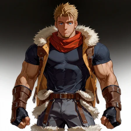<lora:Tomas__Alchemist_Code-000004:.5>, tagatametomas, 1boy, blonde, spiked hair, side fade, blue eyes, solo, male focus, manly, bara, mature male, muscle body, scarf, short sleeve, shirt, fingerless gloves, pants, fur trim, boots,
cowboy shot, 
(very short hair, beard, bara, mature, facial hair, stubble, beard, full beard, sideburn, beard, a lot of beard, ), facial hair,male focus, muscular male, muscular male, bara, mature,  bara, mature, aixiwuganda_(20222192), very awa, masterpiece, best quality, absurdres, newest, perfect quality, detailed background, intricate details,
<lora:slider_Body Type_alpha1.0_rank4_noxattn_last:3><lora:Anime Summer Days 2 Style SDXL_LoRA_Pony Diffusion V6 XL:.6><lora:slider_cfg_scale_boost:.7><lora:Artist6p:.55>, Artist6p, Artist04p,<lora:slider_il_brightness_slider_d1:-1><lora:slider_il_contrast_slider_d1:-1><lora:slider_DarkSlider1.2_alpha1.0_rank16_full_300steps:-.6>