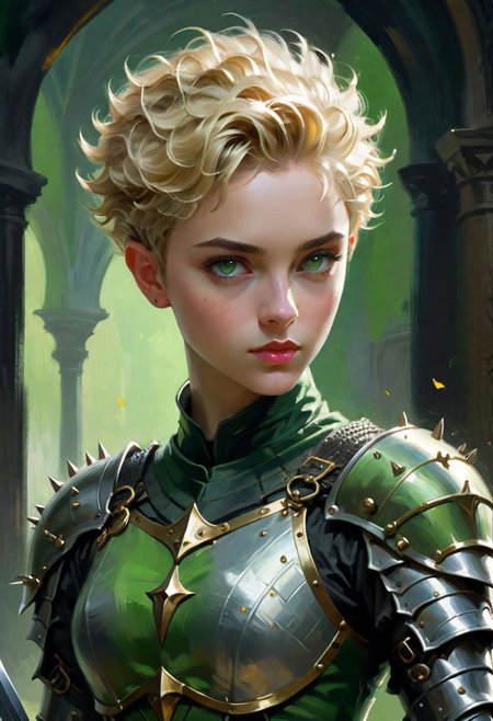 ((style by nty)), A dark fantasy painterly impressionistic oil painting, a blonde female knight, BREAK green eyes, BREAK she has a combination of (((Pompadour haircut, long spiked buzz haircut))), and (((curly textured pixie haircut))), BREAK fantasy scene, intense, atmospheric, dynamic camera, depth of field, 4K art, absurdres