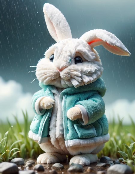 tilt-shift photo of selective focus, miniature effect, blurred background, highly detailed, vibrant, perspective control, natural Tilt Shot (Whimsically artistic) , adorable extra (fluffy: 1.3) chubby miniature bunny wearing an wet ral-towl rain coat, wet grassland, tiny rocks, magical, macro photography, (enchanting:1.3), (luminous:1.2), (oversized flora:1.1), mystical, vibrant photography, shimmering light, dreamy, whimsical, serene, soft-focus, hyper-detailed digital art, rain, clouds, sad bunny face <lora:ral-towl:1>