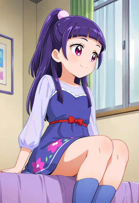 masterpiece, best quality, absurdres, very aesthetic, general,
izayoi liko, casual, 1girl, solo, long hair, purple hair, sitting, purple eyes, ponytail, half updo, pink eyes, curtains, eyelashes, blue dress, blunt bangs, indoors, kneehighs, blue legwear, closed mouth, blue hair, on bed, window, looking away, smile, legs together, shiny hair, purple socks, looking to the side, purple skirt, see-through, high ponytail, red bow, purple dress, purple shirt, long sleeves, floral print, red eyes, sleeveless dress, short dress
<lora:cure_magical_izayoi_liko_illustXL_locon_v1:0.7>