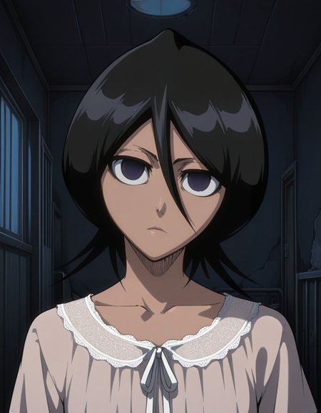 masterpiece, best quality,  <lora:Mind_Controlled_Rukia:1>, 4ukia, short hair, black hair, dark purple eyes, expressionless, mind control, empty eyes, (head tilt, nightgown:1.2), face focus, abandoned japanese bedroom, kuchiki rukia, bleach,