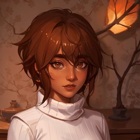 best quality, masterpiece, original, highres, illustration, best lighting and shadow, aesthetic wallpaper, amazing, beautiful, taliyah, 1girl, solo, dark skin, dark-skinned female, short hair, brown hair, thick eyebrows, brown eyes, freckles, extremely detailed and beautiful face, white hair, happy, turtleneck sweater, sidelocks, indoors, photorealistic, (upper body)
<lora:tali-20:0.5>