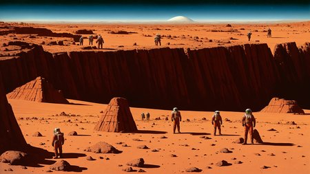 Humans planting trees on Mars, futuristic, hopeful, terraforming, surrounded by red rocky terrain, space suits, highly detailed, digital painting, artstation, concept art, sharp focus, illustration, art by chesley bonestell and rick guidice and kim stanley robinson, trending on space exploration art and culture