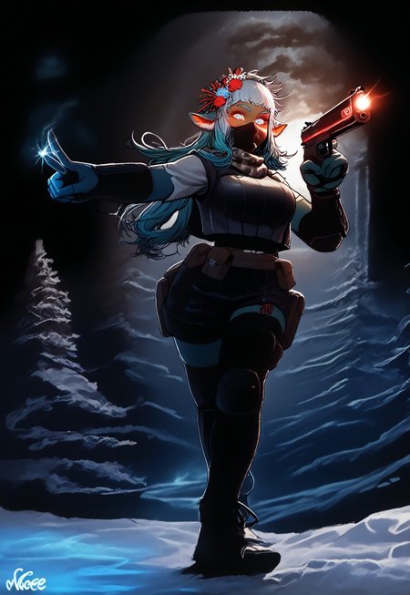 score_9, score_8_up, score_7_up, score_6_up, solo focus, <lora:4_optx-25:0.84>, masterpiece,best quality, highly detailed,source_cartoon, expressiveh, easynegative, eye_focus, dual pistols, fully clothed, full body armor, bulletproof vest, pointing forward, detailed face, perfect body, detailed hands, tanned skin, thigh band,1girl, black ninja outfit, ninja mask,striped stockings, leg armor, hairband, black dresssuit, blue gloves, elbow gloves, bakara jurgen blue,thigh pouch, black bdu, ballistic vest, knee pads,blue eyes,makeup, wide hips, muscular woman, cyan highlight, colored eyelashes,hair flower, neon clothing, animal ear fluff, fox ears, mouth mask, ninja, scarf, glowing eyes, transparent skin, transparent, translucent, glowing, neon, neon_style, p1n3, snow, graphic novel, ink lined illustration, multicolored outline,  black canvas, depth of field, <lora:incase---1:0.3>, <lora:Realistic_2.5DAnime_Merge1:0.4>