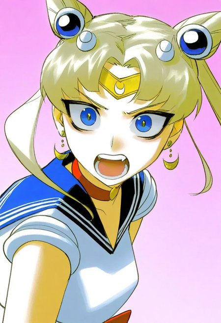 v1nn13,  solo, fisheye view.
sailor moon, blonde hair, blue eyes, open mouth, aggressive, surprised, angry. 
pink background