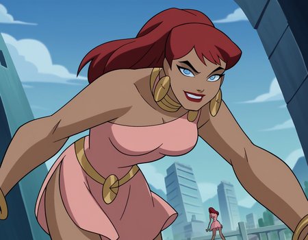 score_9, score_8_up, score_7_up, source_anime,
giganta, <lora:giganta-dcau-ponyxl-lora-nochekaiser:1>,
giganta, blue eyes, red hair, dark skin, dark-skinned female, makeup, lipstick, ponytail,
dress, jewelry, earrings, bracelet, pink dress,
outdoors, cityscape, bent over, smile,
looking at viewer, solo, dutch angle, cowboy shot,
