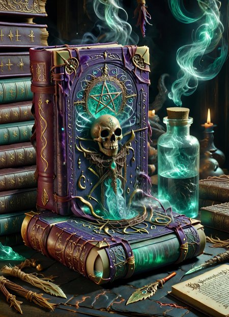 DonM50u13ff1g13XL spellbooks,  case binding, leatherbound, lachrymotion (a fictional liquid),    bookmarks  <lora:DonM50u13ff1g13XL:1>