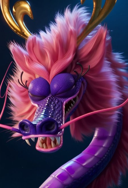 score_9, score_8_up, score_7_up, masterpiece, best quality, highly detailed, realistic, 1girl, solo, (BelleDG, furry, feral, scalie, eastern dragon, gold horns, pink hair, eyelashes, pink whiskers, pink lips, purple body, pink body, purple scales, pink scales, two tone body, two tone scales, pink fur, close-up, upper body), smile, eyes closed, tongue, fangs, laughing,, Expressiveh, blue background, simple background